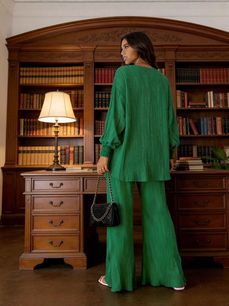 2026 moda transfronteriza europea y americana otoño nuevo estilo pantalones de campana plisados ​​ropa para el hogar plisada de un solo pecho drapeado conjunto de dos piezas