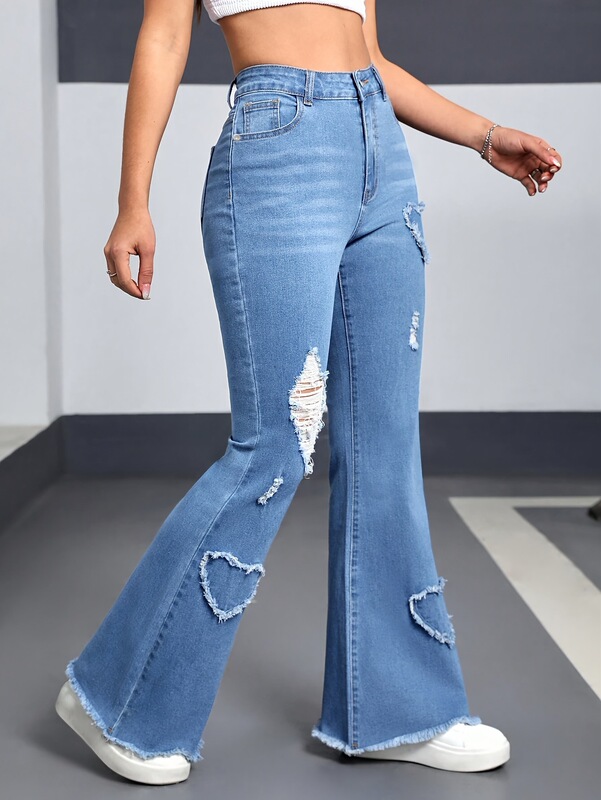 European and American Foreign Trade Women's Clothing, Stretchy Heart-Shaped Pattern Ripped Flared Pants, Original Cut, Fashionable Casual Hot-Selling Jeans