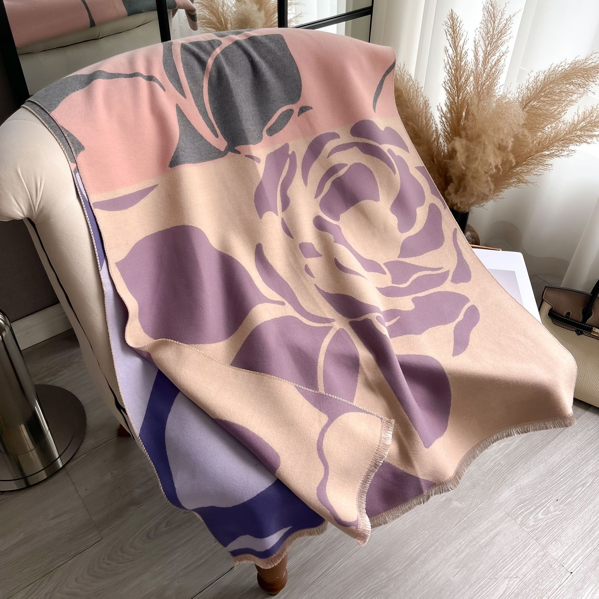 Bufanda Chal de Imitación de Cachemira Estampado de Camelia Térmica para Otoño e Invierno
