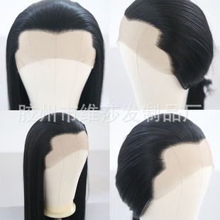 Antique men's wig black straight hair three pointed hand hook front lace beauty pointed Hanfu cosplay wig set wholesale