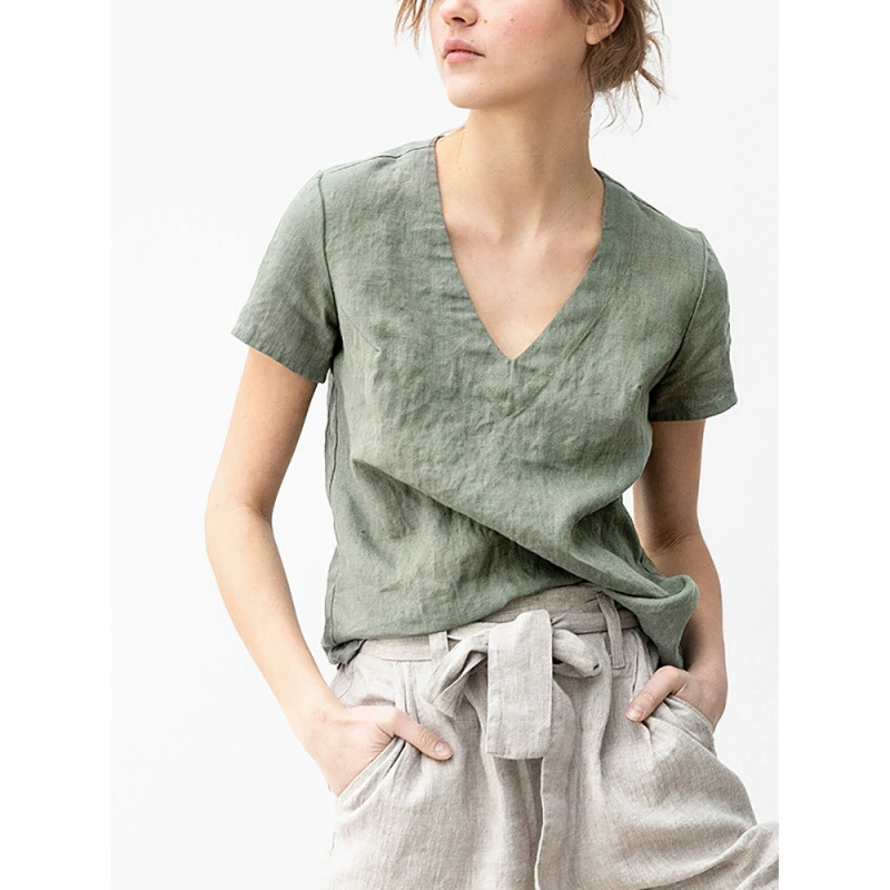 2025 льняная футболка с v-образным вырезом и короткими рукавами, летние белые высококачественные хлопковые и льняные топы для женщин, свободные художественные элегантные хлопковые и льняные футболки