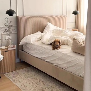 French retro cream style velvet bed light luxury ins velvet fabric bed net red bed master bedroom double modern simple