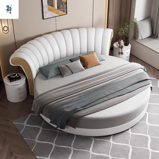 New Light Luxury Double Round Bed, Cream Style Technical Cloth, Space-Saving Design, European Style Simple Soft Backrest Bed