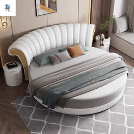 新款轻奢双人大圆床奶油风科技布省空间设计欧式简约软靠大气床