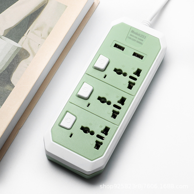 253 # 3 botón 2USB puerto de teléfono móvil de 5 metros placa de cable de arrastre Myanmar redondo enchufe POWER SOCKET