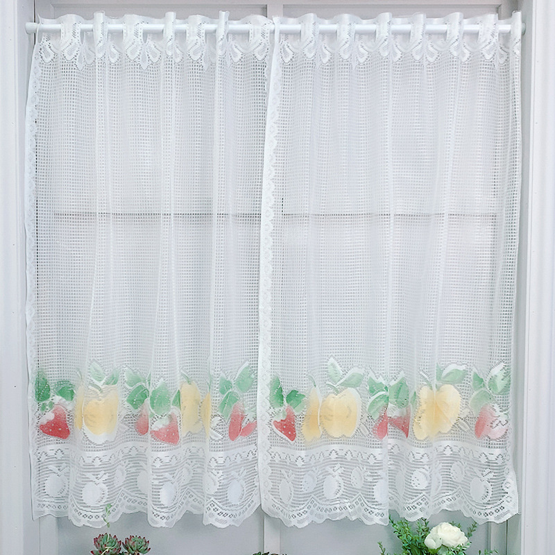 American-style White Knitted Lace Fruit Print Coffee Half Door Curtains_voghion.com