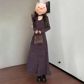 紫色法式v领毛衣针织连衣裙子女秋季2025新款配大衣内搭打底长裙