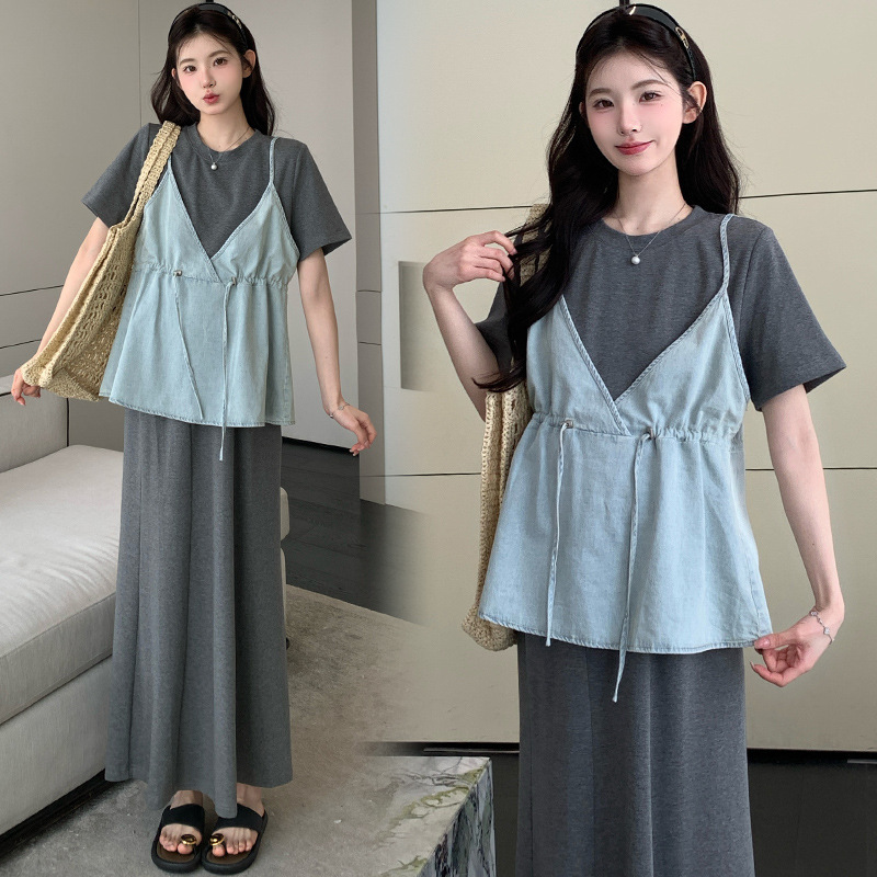 Trendy 2025 Summer New Fashion Faux Two-Piece Top with Pig Nose Button Skirt, Suitable for Postpartum Wear Maternity Set