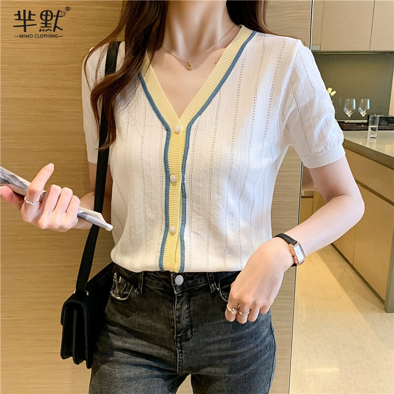 Summer Clothes Base Shirt Short-sleeved Thin V-neck Ice Silk Knitted Cardigan Top Women's Design Sense Lazy Style Gentle Small Shirt