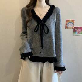 设计感法式蝴蝶结V领上衣女2025秋季超好看新款甜美洋气减龄上衣