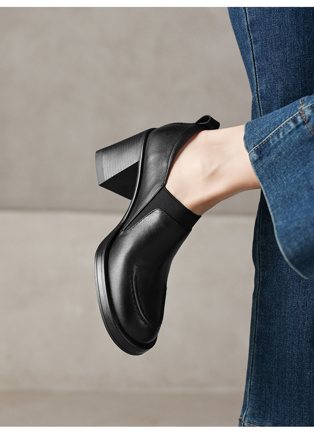 Giày cao gót nữ loafer cổ điển mũi sâu gót vuông 7.5 cm da bò thật — màu nâu chi tiết 9