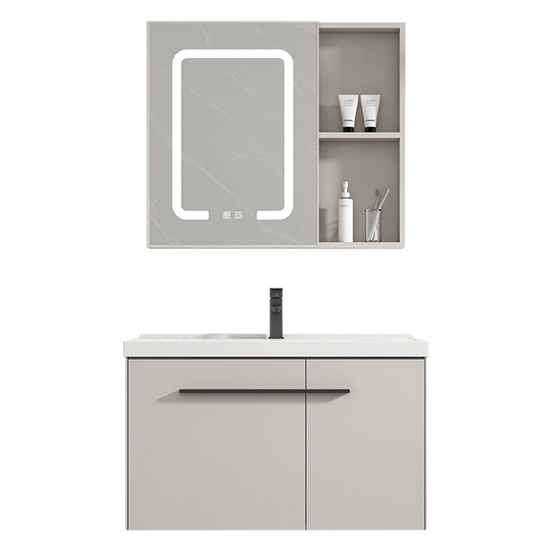 Combinación de gabinete de espejo de baño de estilo crema moderno minimalista espacio de aluminio a prueba de humedad tablero integrado de cerámica lavabo de lavado de manos gabinete colgante
