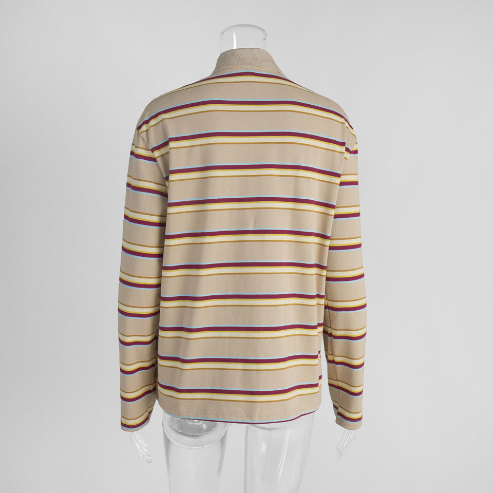 Áo thun nữ sọc dài tay cổ polo dáng rộng phong cách retro — hồng, màu nâu, nâu sẫm, quần kaki chi tiết 10