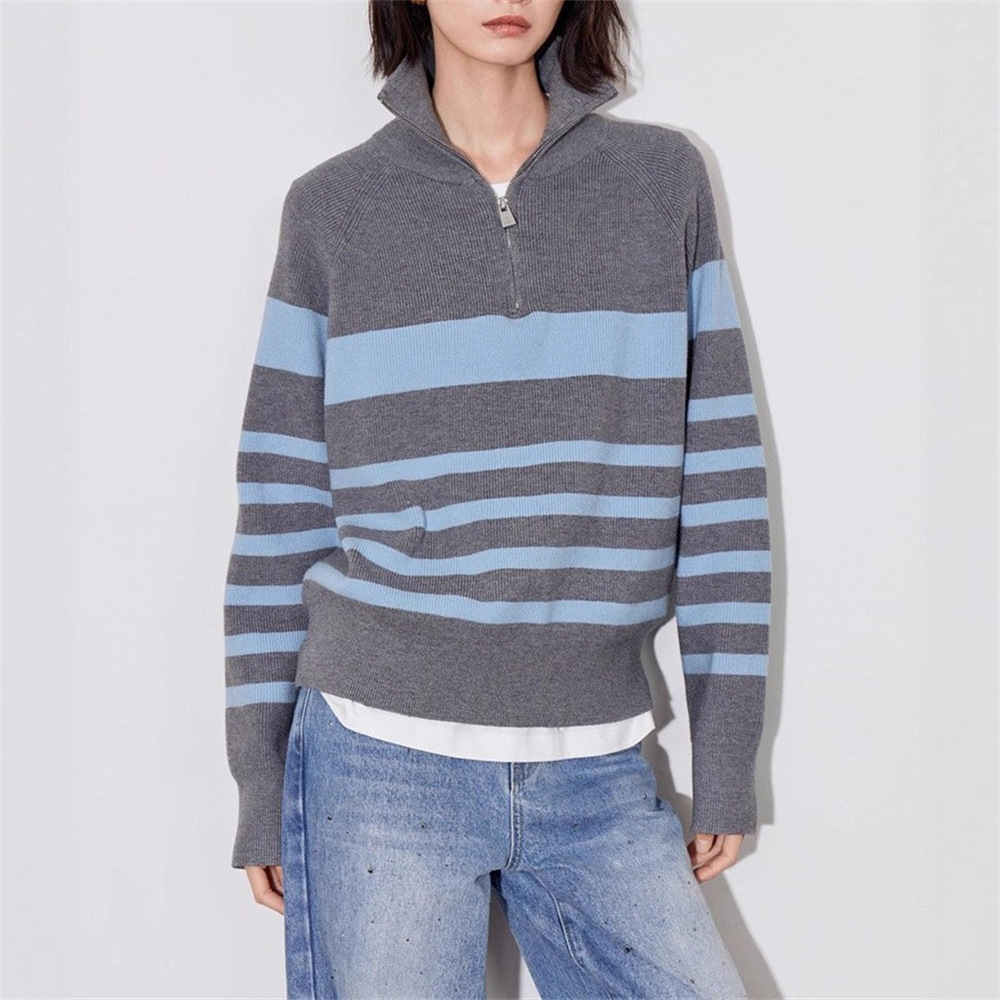 Stripes de contraste semia cremallera con solapa overhead suéter de invierno para mujeres de otoño y invierno para usar ropa de punto de reducción de edad suelta image 7