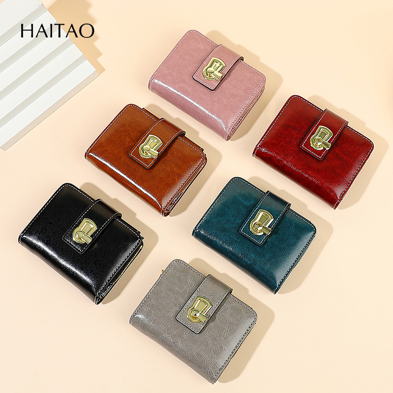 2025 nueva billetera de tres pliegues de venta caliente transfronteriza, billetera corta con múltiples tarjetas, estilo de explosión de piel de aceite