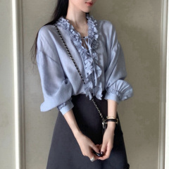 女式V领长袖衬衫早秋日韩休闲宽松丝光纯色落肩袖打底上衣