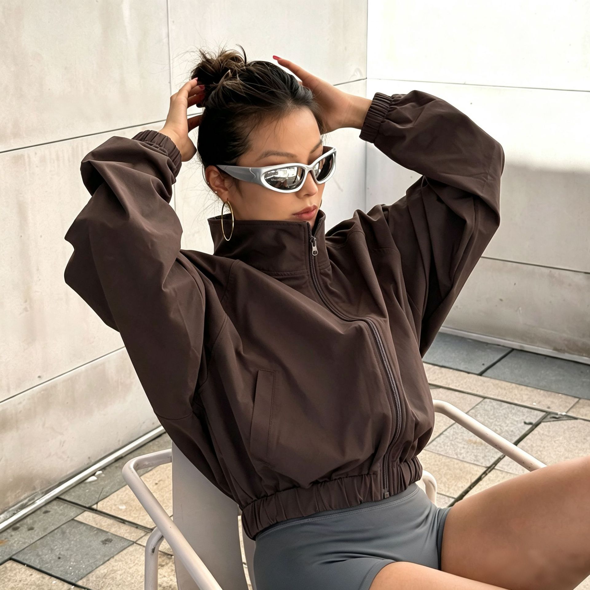 Latte Girl Loose Zipper Sports Tops Women's Short Fitness Long Sleeve Slim Running Sports Top Yoga Wear