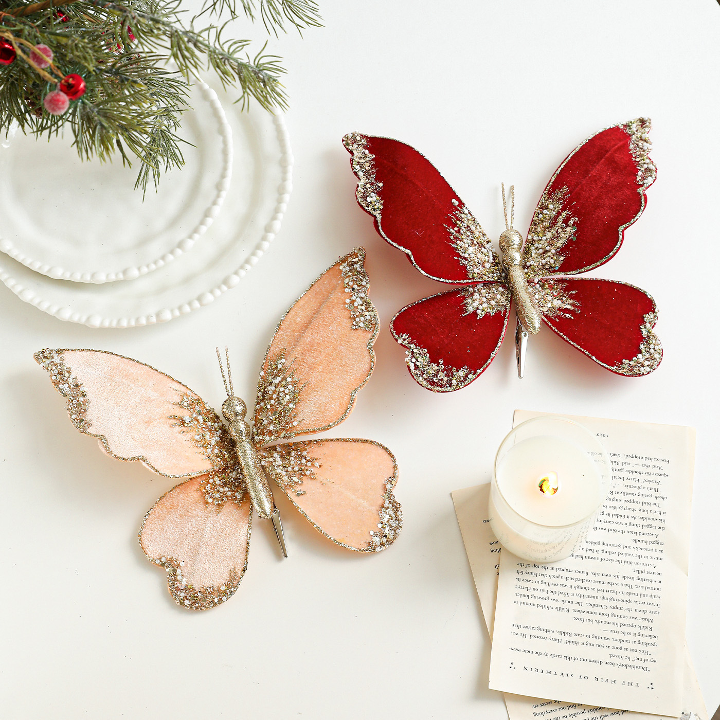 Nuevos productos de tela de alta calidad simulación de clip de arco de mariposa tela de vello polvo flocado árbol de Navidad decoración colgante diseño de escena