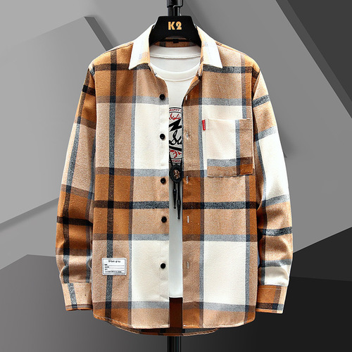 Red Grid Shirt Men's Long Sleeve Loose Casual Collar Shirt Korean Style Trendy Cool Workwear Short Sleeve Outerwear Spring