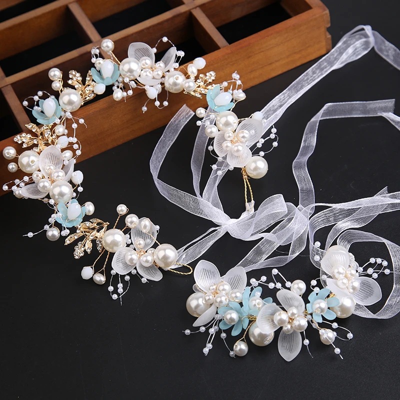 蓝色米珠花环+手环1套