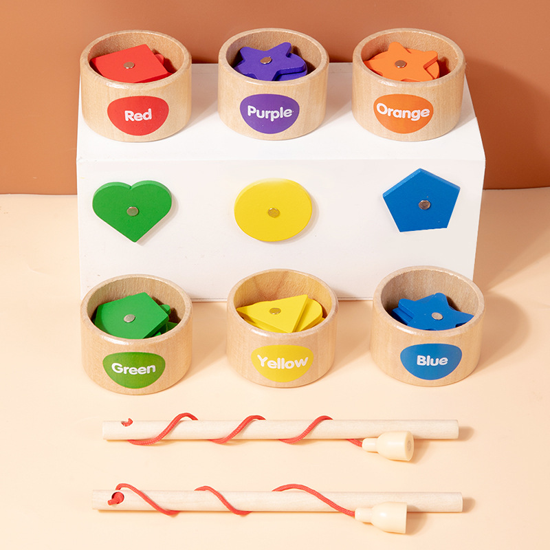 Los niños de madera nuevo juego de pesca magnética forma geométrica color cognitivo distribución padre-hijo juguetes educativos interactivos