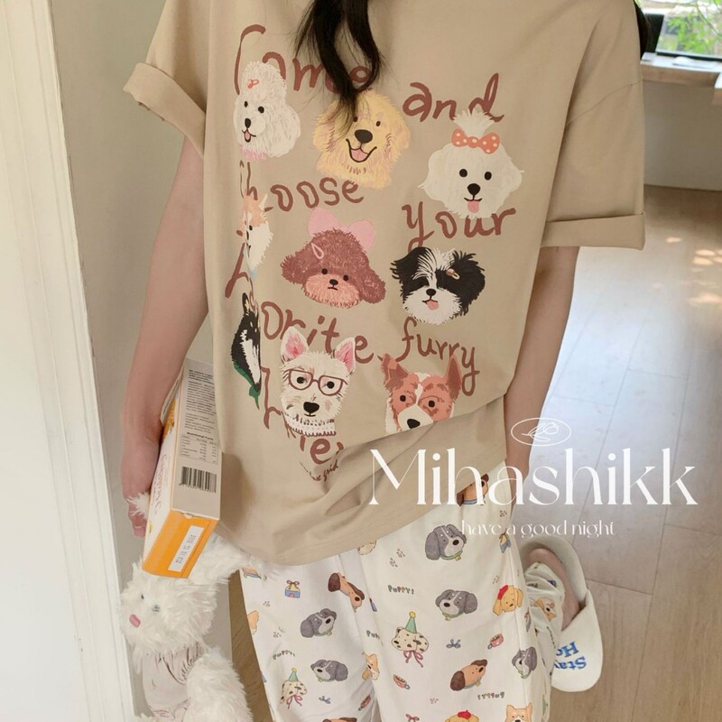 Mihashikk Korean Style Dog Rich Puppy Party Pajamas Cotton Crewneck T-shirt Short Sleeve Shorts Trousers Home Clothes