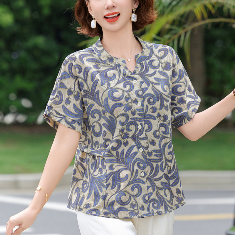 中高年向け夏用半袖Tシャツ、控えめでエレガントなゆったりトップス、ママの2025年夏新作婦人服、おしゃれなシャツ|undefined
