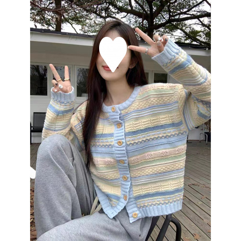 A principios de otoño nuevo estilo coreano suelto chaqueta a rayas suéter de punto universal cardigan chaqueta damas
