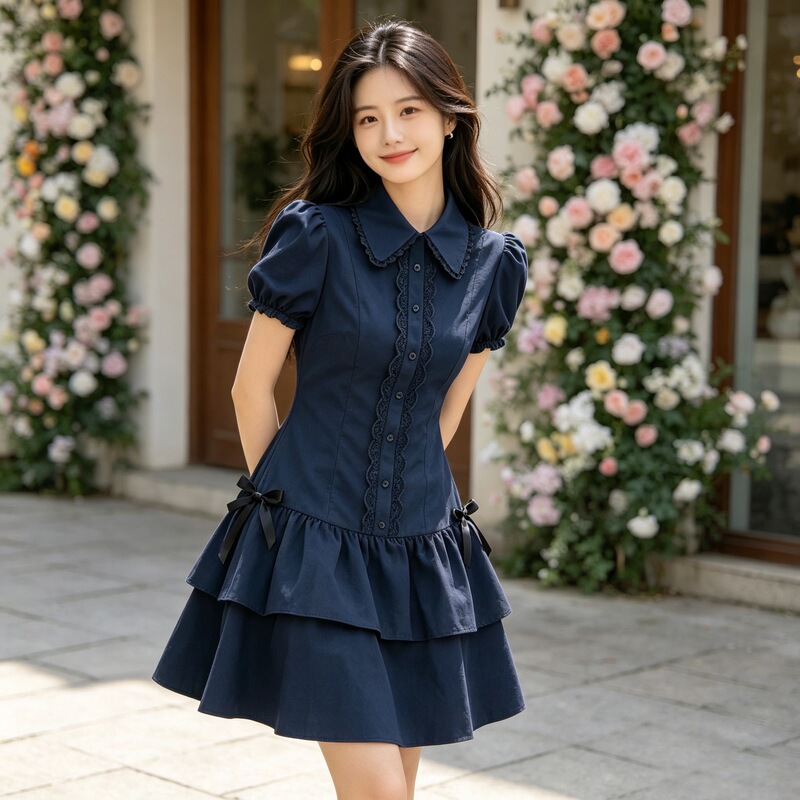 Petite Dark Academia Style Dress, Summer Design with Unique Waist-Cinching Slimming Effect, Short Skirt with Collar, Shirt Dress Petite Dark Academia Style Dress, Summer Design with Unique Waist-Cinching Slimming Effect, Short Skirt with Collar, Shirt Dress