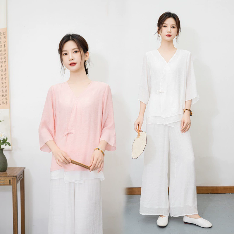 2024 летний новый ретро национальный стиль хлопка конопли сплошной цвет