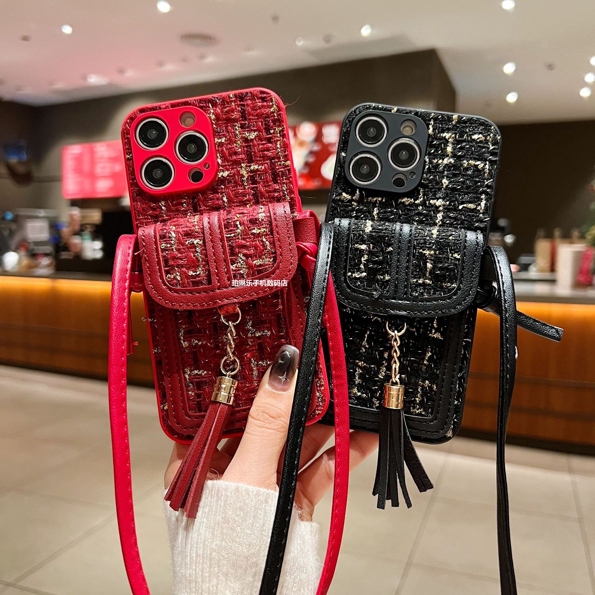 17Air Small Chanel-Style Crossbody Card Holder Suitable for Apple Pro Max, Simple Plaid Honor/Mate Phone Case for Women