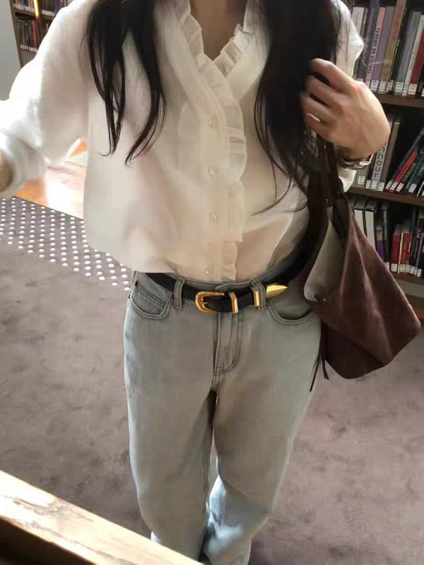 现货2025秋季新款韩版OB*ET气质纯色甜美木耳边V领长袖衬衫上衣女|undefined