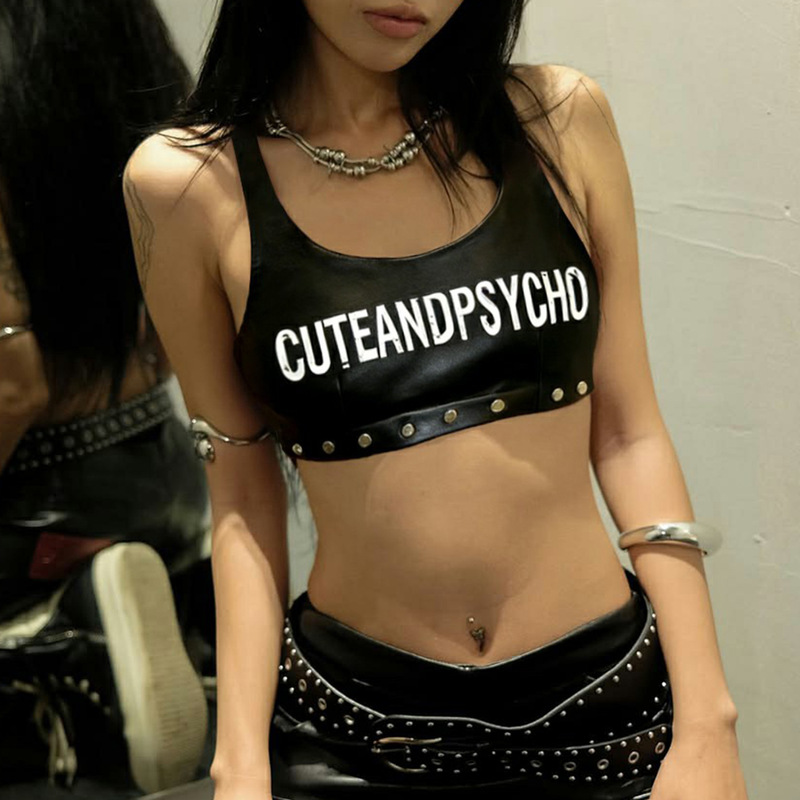 Y2K Gothic Sexy Hot Girl Punk Style Ultra-Short Sports Crop Top with Rivet Decoration and Faux Leather Vest Y2K Gothic Sexy Hot Girl Punk Style Ultra-Short Sports Crop Top with Rivet Decoration and Faux Leather Vest