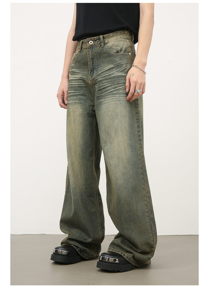 Quần jean nam ống rộng ống đứng dáng suông, vải denim giặt nước hiệu ứng râu mèo — Xanh cổ điển chi tiết 7