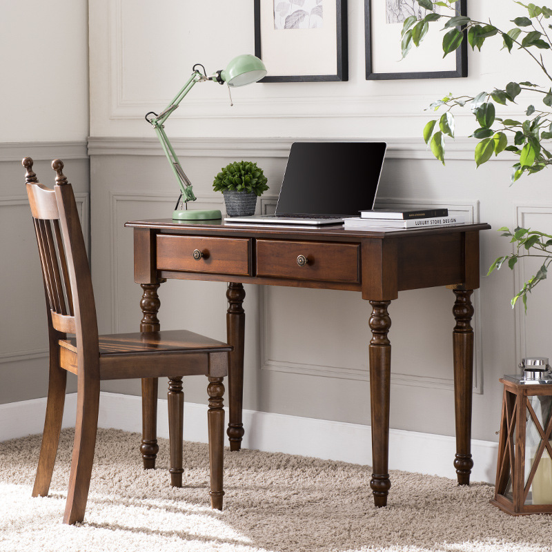 美式小书桌全实木电脑桌家用学习桌椅学生写字台欧式简约办公桌子