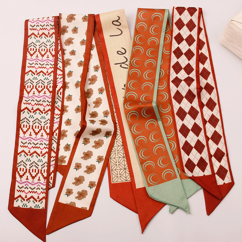 Red Bow Hairband Printed Long Silk Scarf for Women, Korean Style Versatile Hair Tie, Narrow Streamer Scarf Accessory