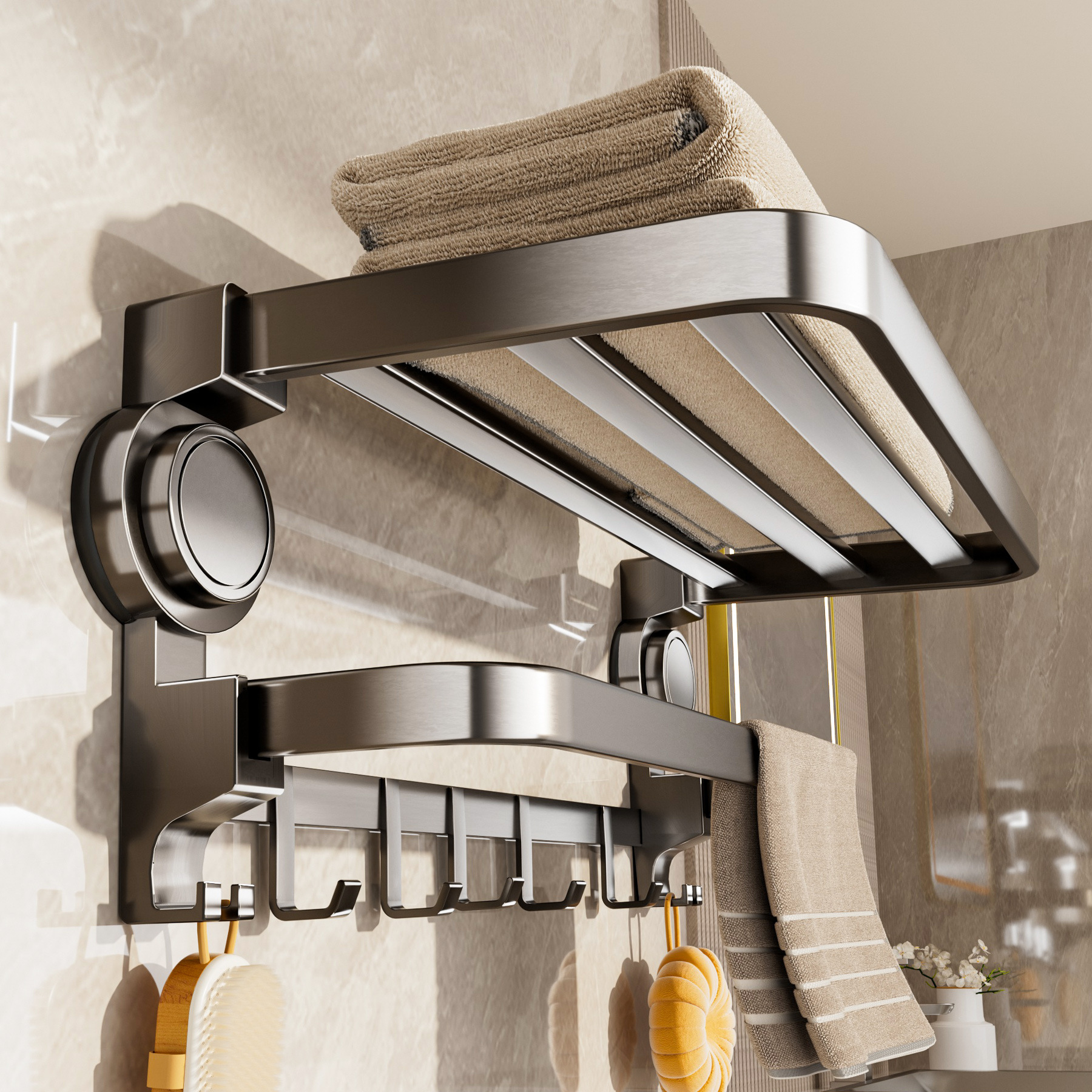 Suction Cup Bathroom Folding Towel Rack, No-Drill Towel Rack, Bathroom Storage Rack, Shower Room Storage Bracket