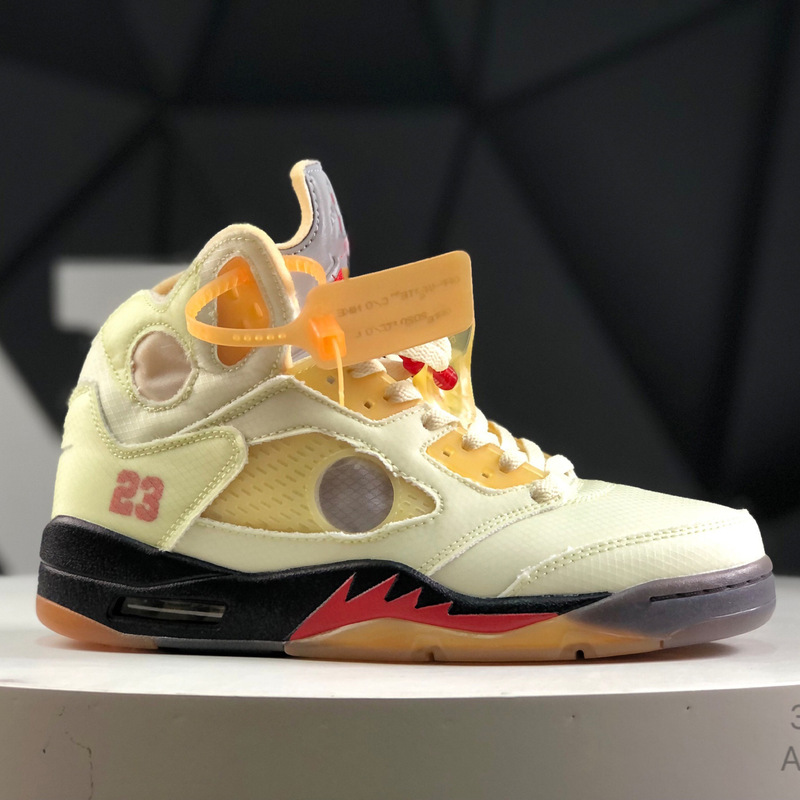 Original Aj5 Ow Collaboration Black High-Top Basketball Shoes, Retro Jordan 5 Sneakers, Fashionable Cushioning Trendy Shoes
