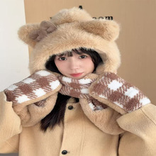 2025新款帽子女冬季保暖围巾手套一体可爱连体帽三件套围脖加绒潮