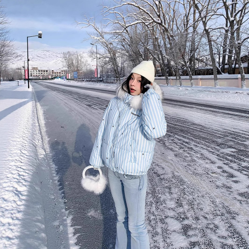 Sweet and Casual Striped Cotton Coat with Fur Collar, Hooded Cotton Jacket for Women, New Winter Versatile down Cotton Puffer Jacket Sweet and Casual Striped Cotton Coat with Fur Collar, Hooded Cotton Jacket for Women, New Winter Versatile down Cotton Puffer Jacket