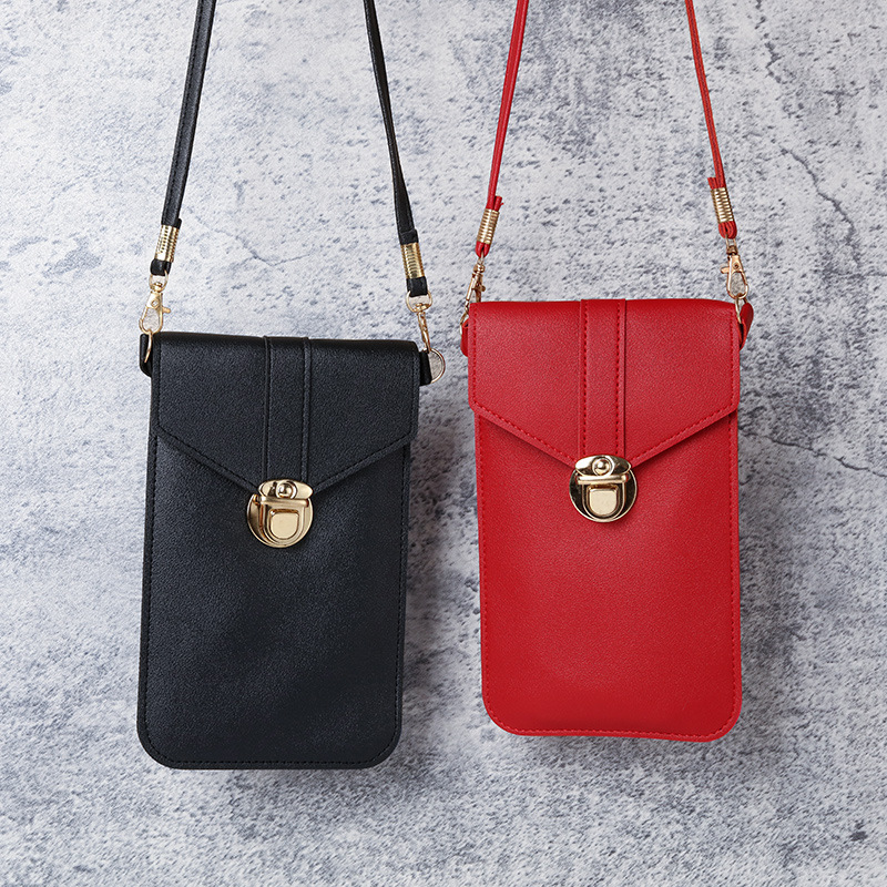2022 New Women's Fashionable Lock Buckle Crossbody Puleather Touch Screen Phone Wallet Women's Retro Student Buckle Small Wallet