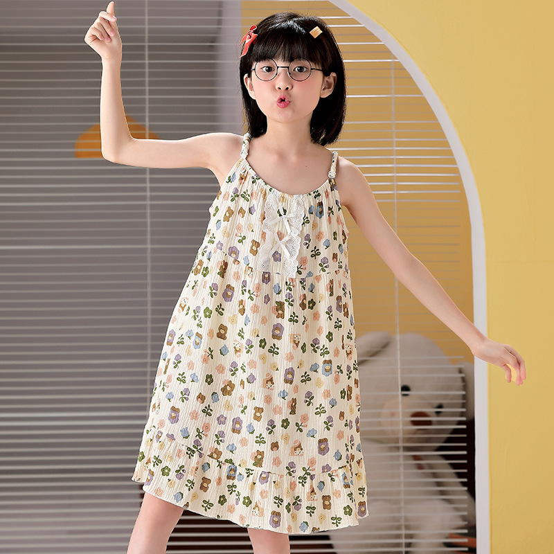 儿童吊带睡裙女夏季款纯棉纱布可爱薄款中大童女孩女童家居服全棉
