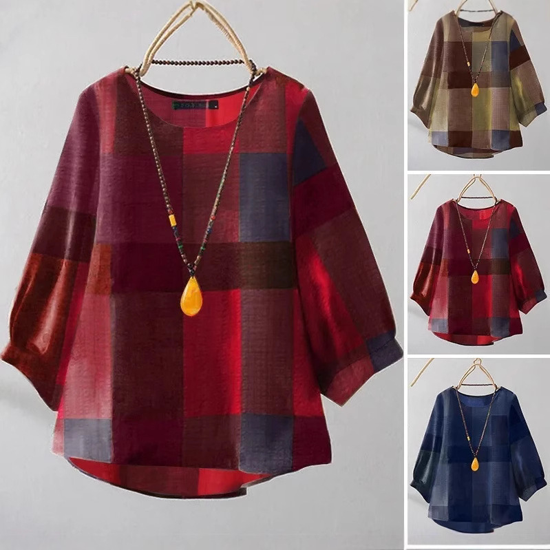 2025 Amazon Cross-border New Printed plus size Shirt Women's Thin Top Pullover Loose Round Neck Shirt for Spring and Summer 2025 Amazon Cross-border New Printed plus size Shirt Women's Thin Top Pullover Loose Round Neck Shirt for Spring and Summer