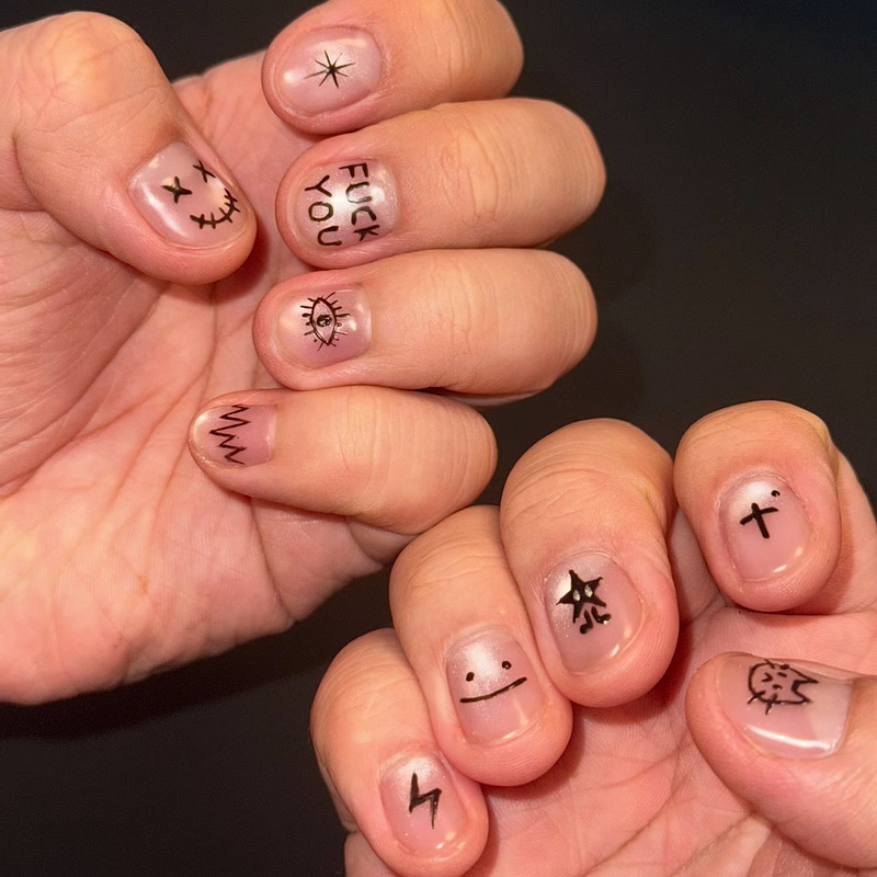 Handmade Wearable Nails with Simple Hand-Painted Designs, Black Series, Unisex Style, Detachable Nail Pieces for Men