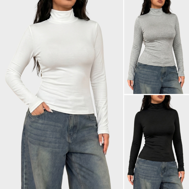 Amazon's Popular High-Neck Long-Sleeve T-Shirt for Women, Slim Fit, Stretchy Base Shirt, Solid Color, Versatile Inner Top Amazon's Popular High-Neck Long-Sleeve T-Shirt for Women, Slim Fit, Stretchy Base Shirt, Solid Color, Versatile Inner Top