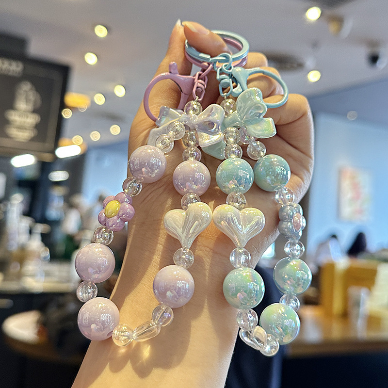 Internet Celebrity Cute Flower Bow Beaded Key Chain Dopamine Girls Car Key Chain Heart Mobile Phone Hanging Chain
