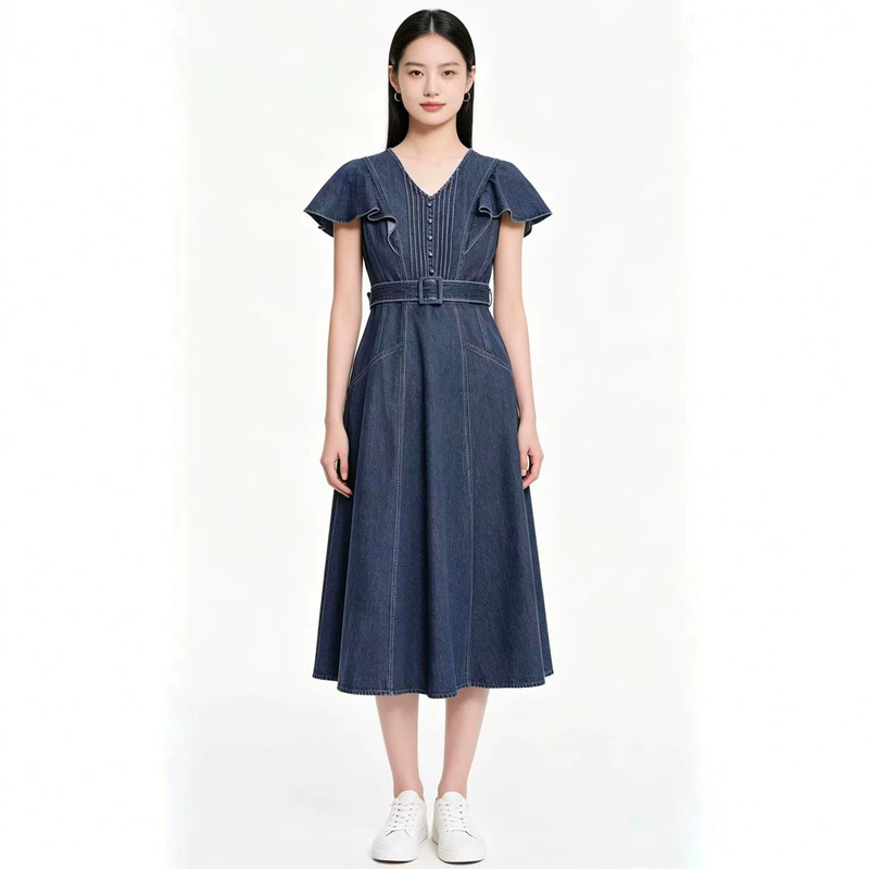 Ke* Women's Clothing Mall Same Style 2026 Summer New French Retro Flutter Sleeve Elegant Waist-Cinching Denim Dress Ke* Women's Clothing Mall Same Style 2026 Summer New French Retro Flutter Sleeve Elegant Waist-Cinching Denim Dress