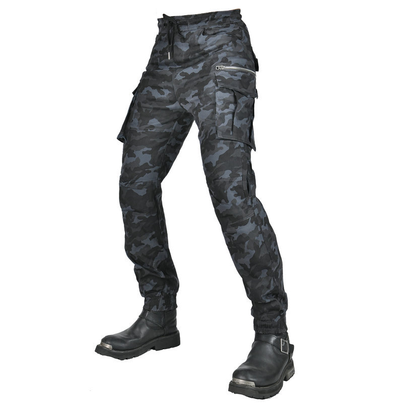 VOLERO pantalones de montar a caballo de la motocicleta de la vendimia pantalones vaqueros de la motocicleta de camuflaje negro multi-bolsa de herramientas de tobillo atado pantalones anti-caída