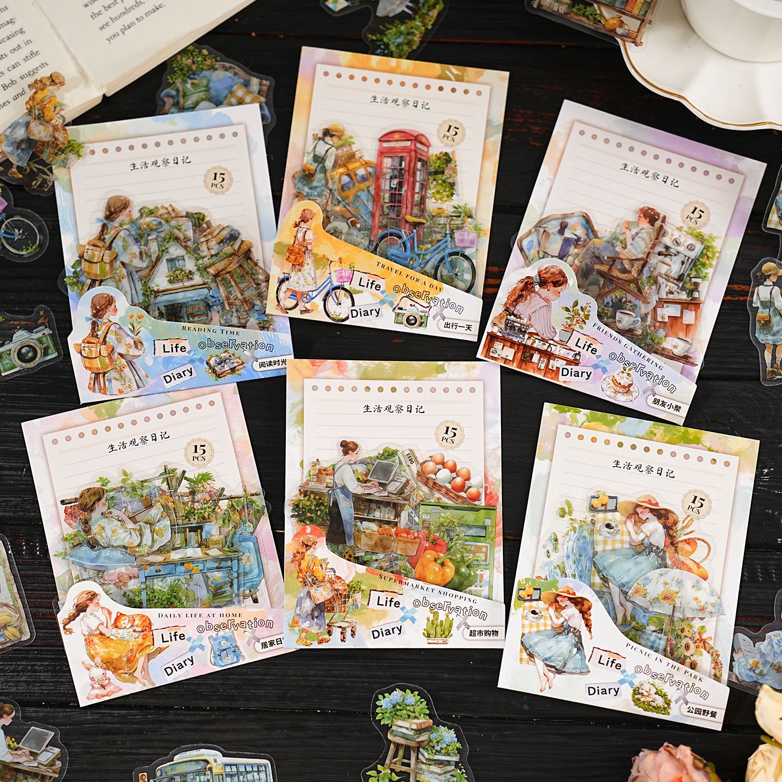 Yiniao 스티커 팩 생활 관찰 일기 시리즈 INS 생활 조경 핸드북 DIY 장식 스티커 6가지 스타일로 15개