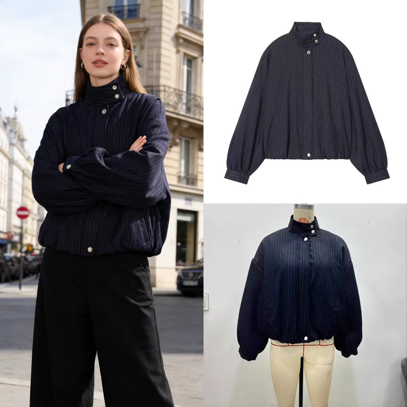 Za Foreign Trade Cross-Border Wholesale European and American Style Women's Autumn Fashion Fine Striped Bomber Jacket